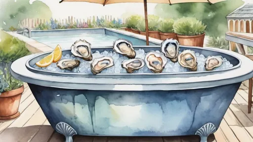 Prompt: Create a water colour image of an Oyster Bar on a large tub of ice in a garden themed restaurant