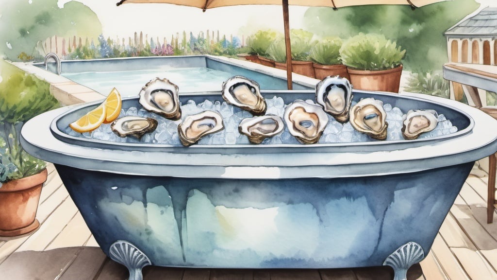 Prompt: Create a water colour image of an Oyster Bar on a large tub of ice in a garden themed restaurant