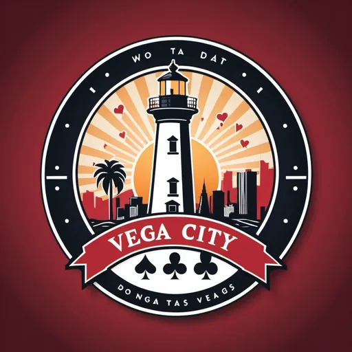 Prompt: A round logo for data company with lighthouse and a poker jiton (or cards) in the background Vegas city (or Vegas welcome sign)