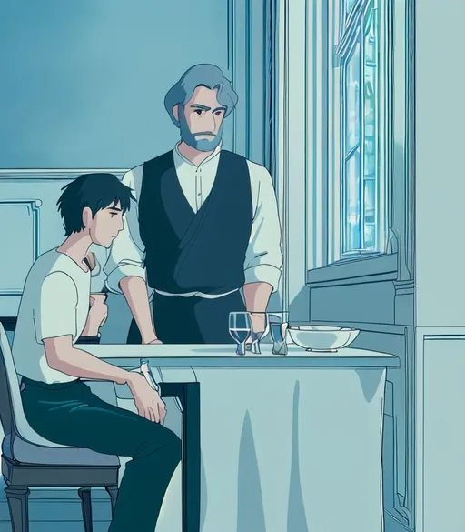 Prompt: A sophisticated dining scene unfolds in an elegantly lit restaurant, where two men sit side by side at a table adorned with vibrant tableware. The man on the left, dressed in a crisp white shirt and soft yellow pants, appears attentive and professional, projecting a warm expression. Beside him, the second man, casually dressed in a light gray t-shirt, showcases a more relaxed demeanor, with a slight beard adding to his distinguished look. Behind them, expansive windows draped with sheer curtains filter soft light, enhancing the intimate atmosphere of the setting, while a neatly arranged dining area suggests a blend of modern and traditional décor. The glass of orange-tinted beverage at the center of the table serves as a subtle focal point, hinting at the enjoyment shared in this moment.