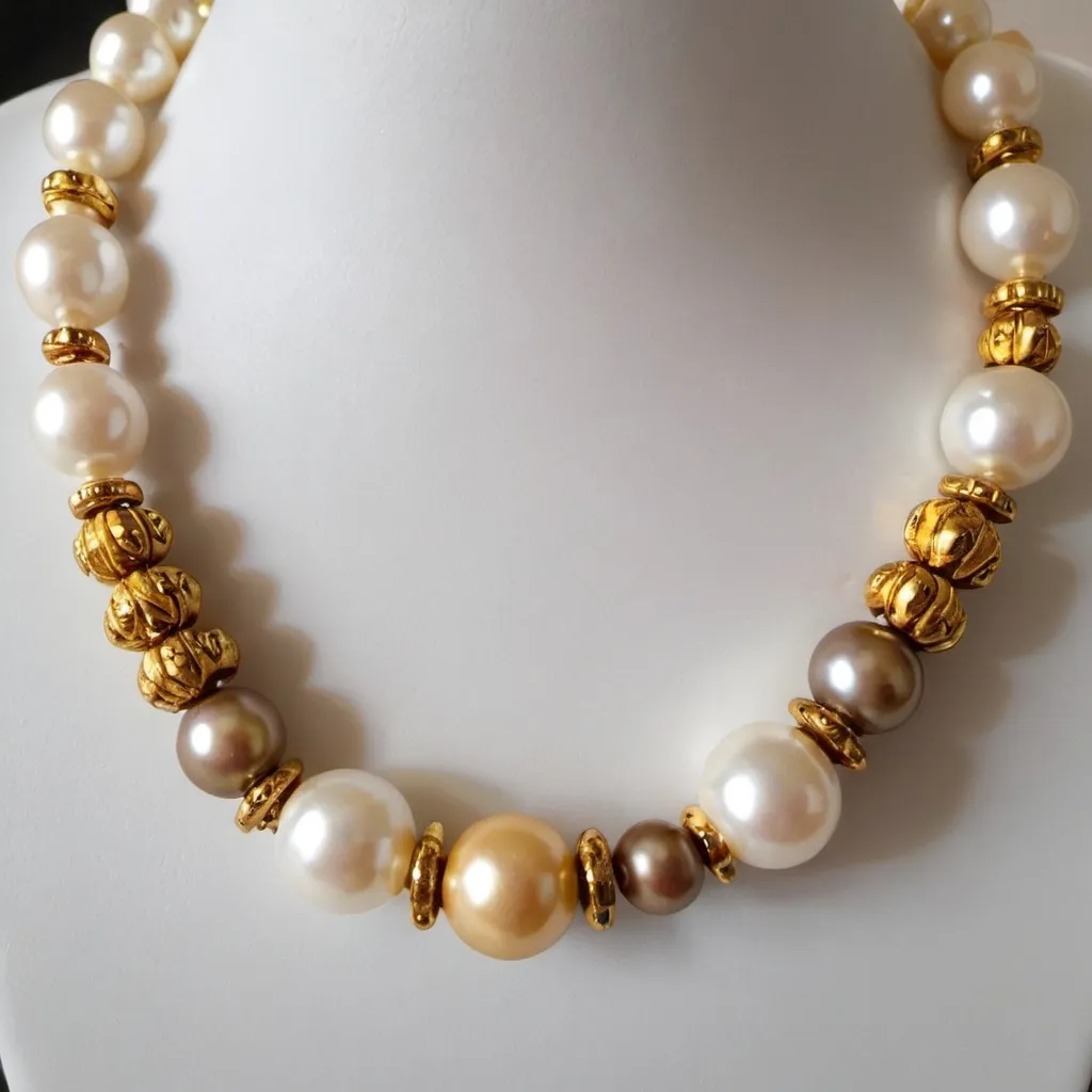 Prompt: A gold and pearls necklace. The pearls are mixed with gold beads