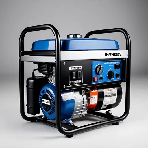 Prompt: "A realistic image of a portable gasoline generator from the Hyundai brand. The generator is placed on a clean, flat surface, with the Hyundai brand and model clearly visible. The background is white and free of any additional elements to make the product stand out. The lighting should be arranged in such a way that all details of the product, including buttons, handles, and ports, are clearly visible. This image should be suitable for use in the product category of an online store (WooCommerce)."