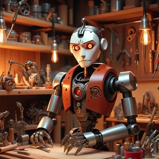 Prompt: (artisan robot) in a cozy workshop, surrounded by various tools and materials, intricate craftsmanship all around, warm lighting casting gentle shadows, showcasing the details of handmade creations, wooden workbench filled with projects in progress, unique mechanical features of the robot, inviting and industrious ambiance, (ultra-detailed), (4K).