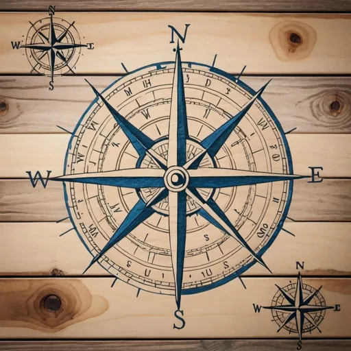 Prompt: web3 Nautical compass drawn on wood