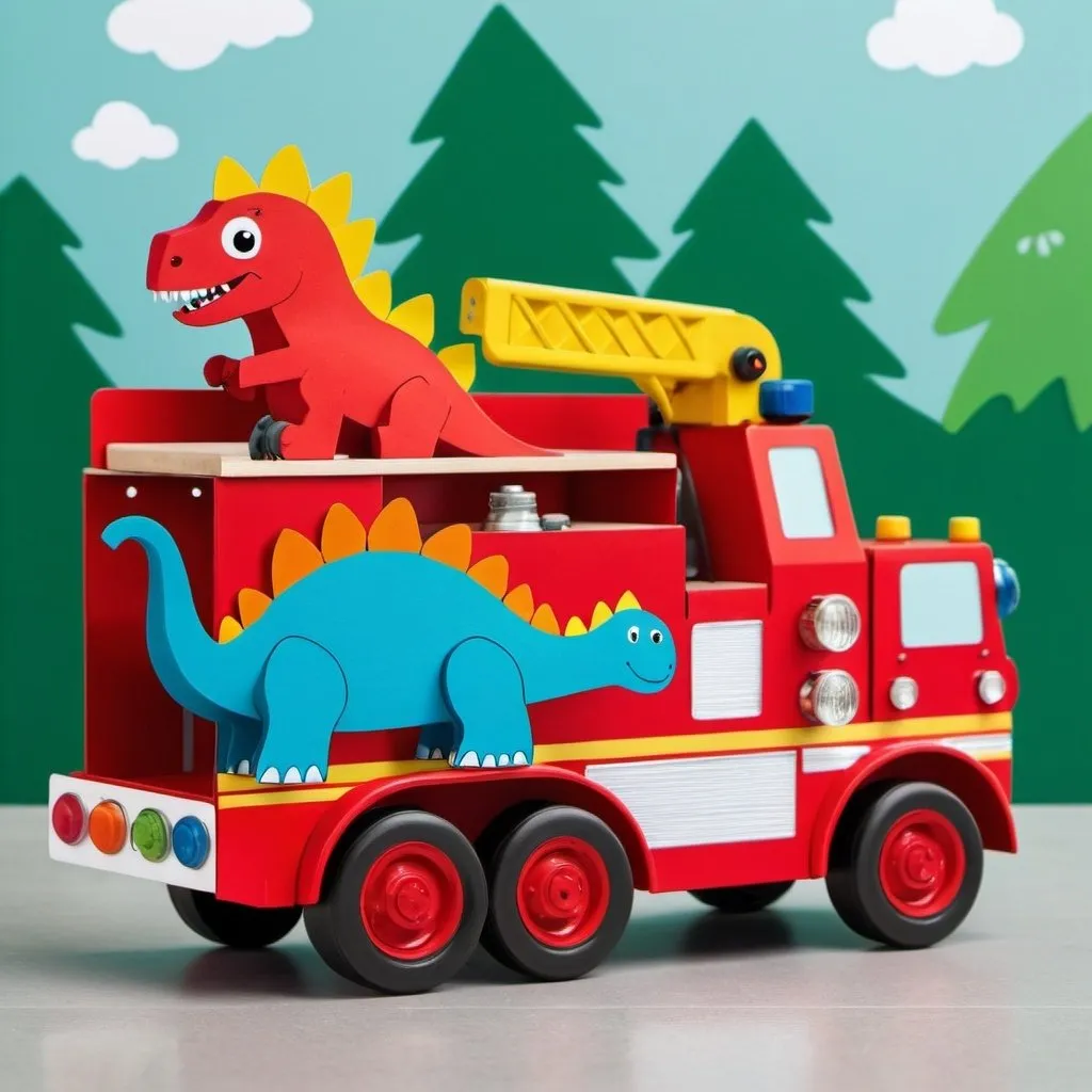 Prompt: Create a happy dinosaur on a firetruck