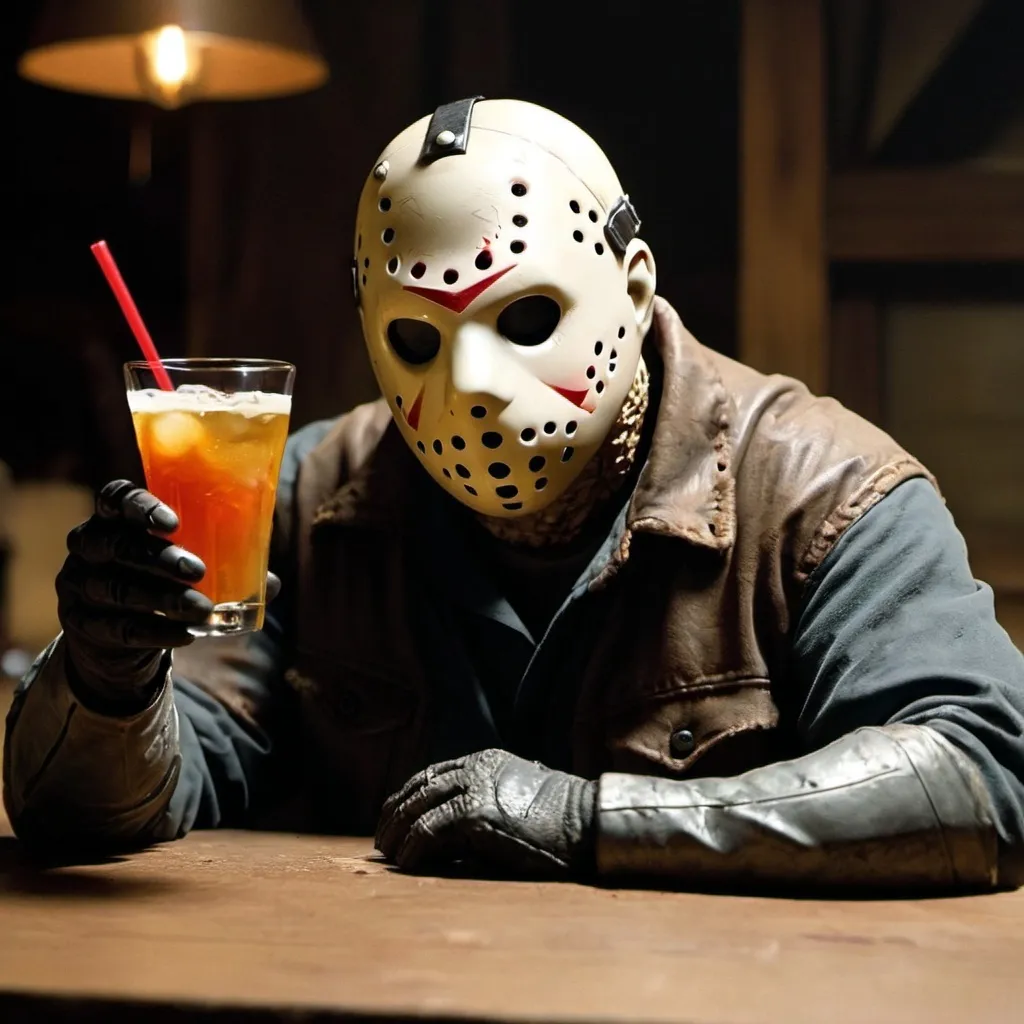 Prompt: Jason Voorhees toasting with a drink