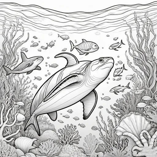 Prompt: Illustration colouring book for kids thematic ocean animals