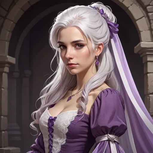 Prompt: White haired woman. Brown eyes. Her hair in a  half up half down style. She wears a purple and lilac dress. The dress has ribbons and lace. a wedding dress. Like a noble dark ages. Dungeons and dragons art style