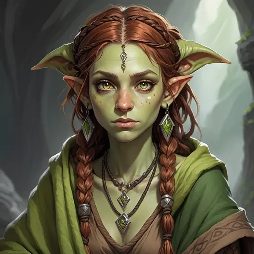 Prompt: Dungeons and dragons style. Female Druid goblin. Chestnut hair in braids, and amber eyes. Wrapped in blankets that cover the top of her head. Her ears are still visible. She has lots of necklaces and earrings. She has green skin. 