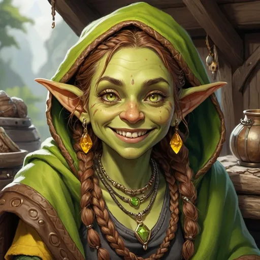 Prompt: Female goblin druid. She is plump. Chestnut hair in braids, and yellow amber eyes. Wrapped in blankets. One blanket covers the top of her head. She has lots of necklaces and earrings. She has bright green skin. She wears a leather pack.  A big smile on her face