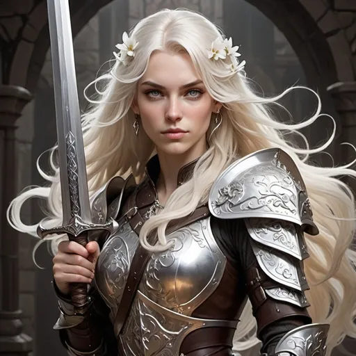 Prompt: A dungeons and dragons fighter. A tall human woman with long white blond hair with gorgeous waves. Her eyes a bold dark brown color. Her armor is full bodied, its metal a shiny silver with a white engraving of swirls and delicate flowers. She carries a sword on her right hand, the tip of the sword rests on her shoulder. 