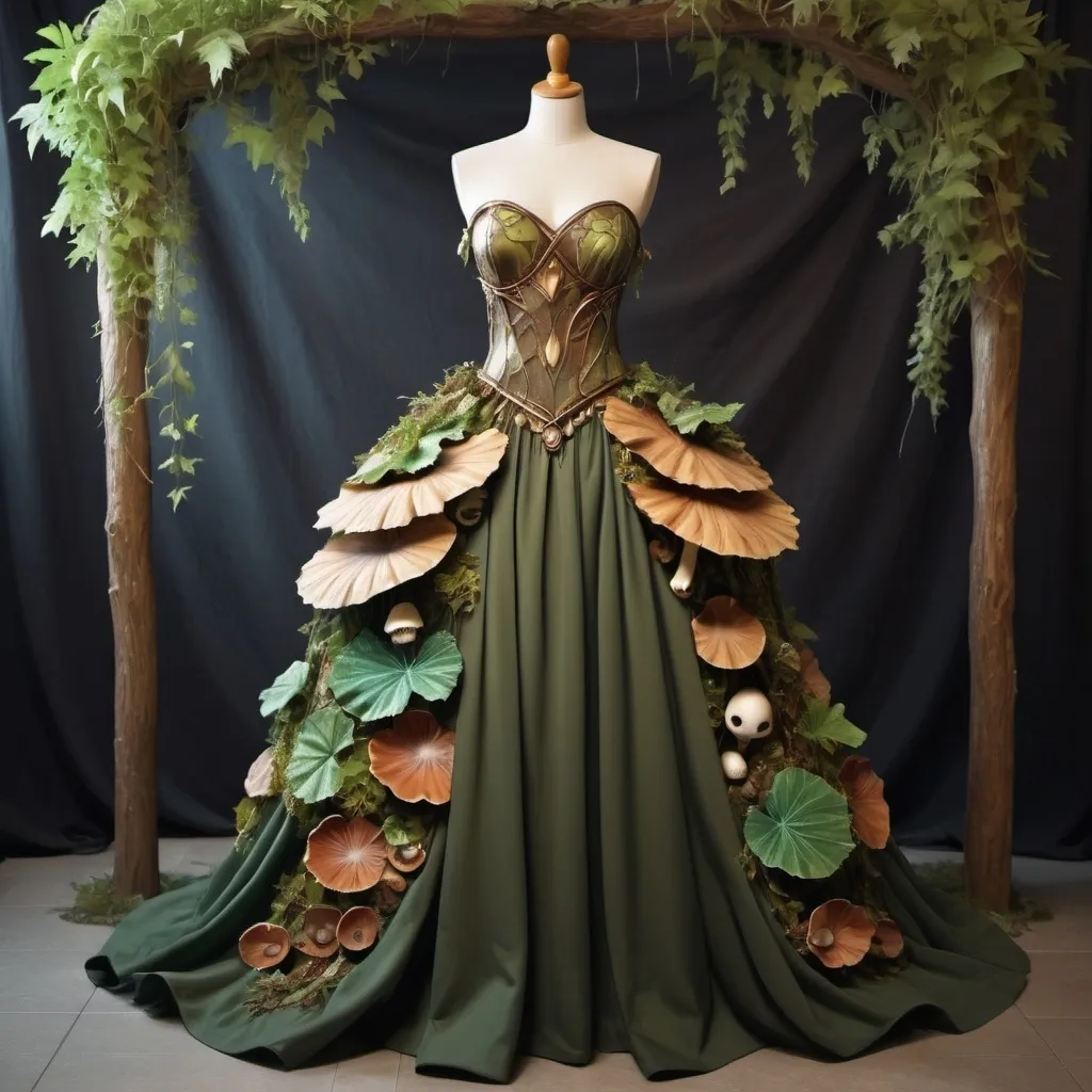 Prompt: 
A Druid ball gown on a mannequin. Leaves and mushrooms as decoration. Dungeons and dragons art style