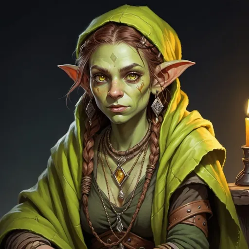 Prompt: Dungeons and dragons style. Female goblin druid. Chestnut hair in braids, and yellow amber eyes. Wrapped in blankets. One blanket covers the top of her head. She has lots of necklaces and earrings. She has bright green skin. She wears a leather pack.