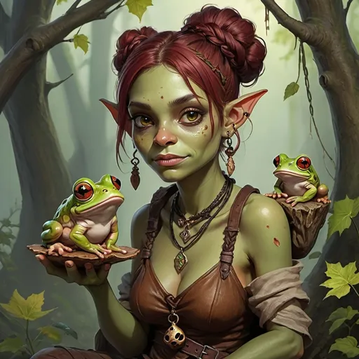 Prompt: a beautiful female goblin with green skin. her left hand holds mushroom with a tree frog sitting on top. she has dark red and brown colored hair, with 4 braids pulled up into two messy buns. She has a few leaves in her hair. her amber yellow eyes sparkle. she is a druid. around her neck is a necklace with a mushroom pendant. her clothes are mossy green and brown. she has a leather pack on her back, on her shoulder sits a pet frog. her feet are bare, wrapped in bandages. her ears have multiple gold piercings.