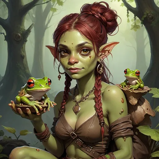 Prompt: a beautiful female goblin with green skin. her left hand holds mushroom with a tree frog sitting on top. she has dark red and brown colored hair, with 4 braids pulled up into two messy buns. She has a few leaves in her hair. her amber yellow eyes sparkle. she is a druid. around her neck is a necklace with a mushroom pendant. her clothes are mossy green and brown. she has a leather pack on her back, on her shoulder sits a pet frog. her feet are bare, wrapped in bandages. her ears have multiple gold piercings.