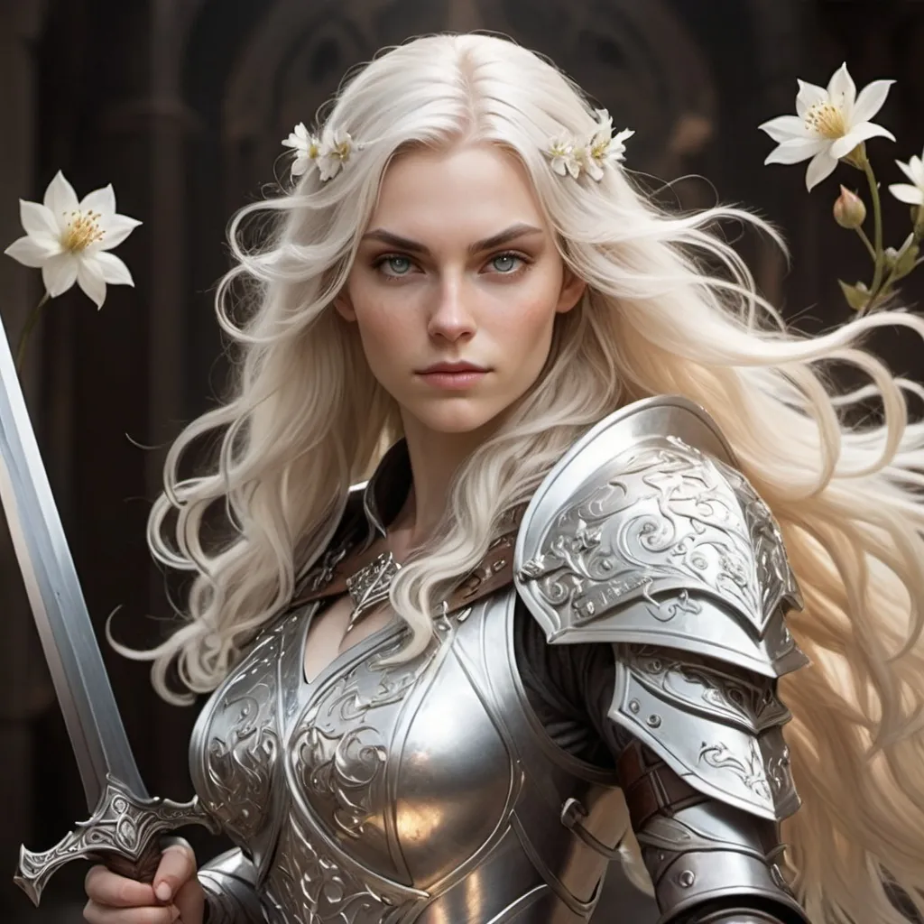 Prompt: A dungeons and dragons fighter. A tall human woman with long white blond hair with gorgeous waves. Her eyes a sparkling hazel color. Her armor is full bodied, its metal a shiny silver with a white engraving of swirls and delicate flowers. She carries a sword on her right hand, the tip of the sword rests on her shoulder. 