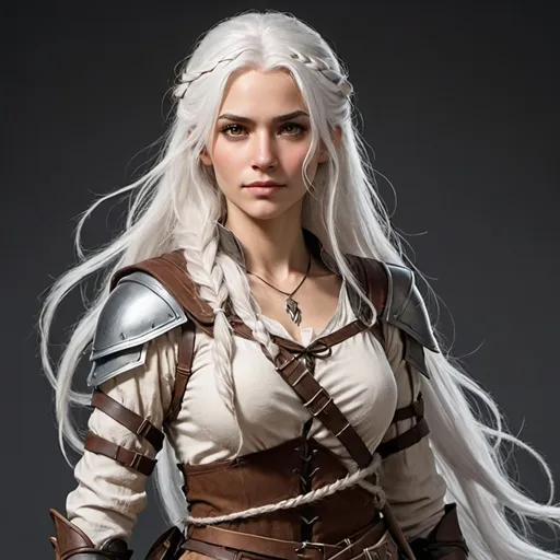 Prompt: Tall female human ranger. Long white hair and brown eyes. Her hair holds one loose braid the rest flowing free. Carries a bow. Leather armor and strips of fabric for her shirt. A low neckline