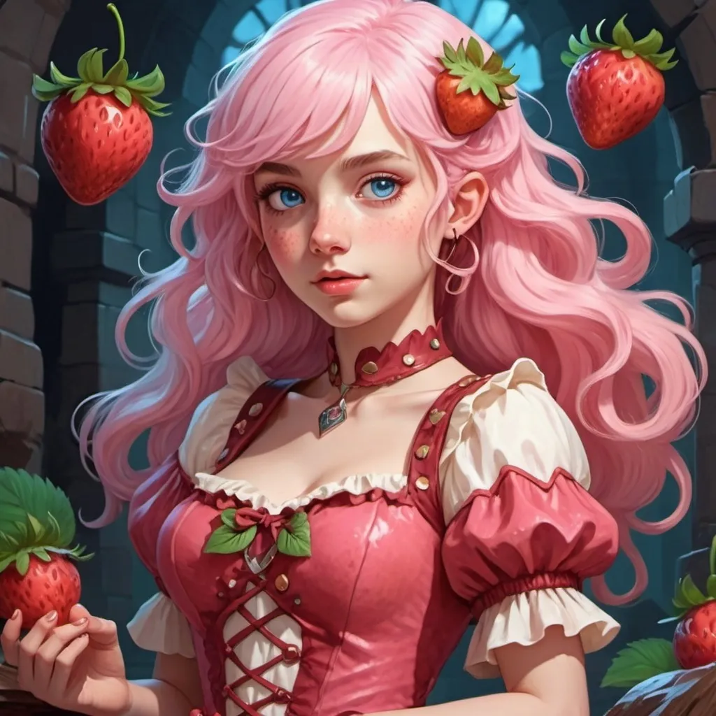 Prompt: Dungeons and dragon style. A girl in a strawberry dress. With cream and pink hair that is wavy. Blue eyes.