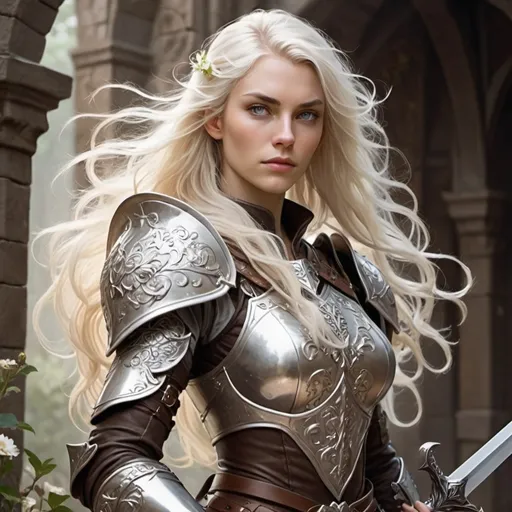 Prompt: A dungeons and dragons fighter. A tall human woman with long white blond hair with gorgeous waves. Her eyes are chocolate brown color. Her armor is full bodied, its metal a shiny silver with a white engraving of swirls and delicate flowers. She carries a sword on her right hand, the tip of the sword rests on her shoulder. 