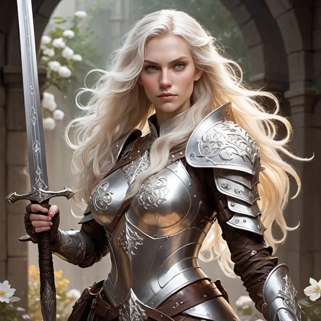 Prompt: A dungeons and dragons fighter. A tall human woman with long white blond hair with gorgeous waves. Her eyes a sparkling brown color. Her armor is full bodied, its metal a shiny silver with a white engraving of swirls and delicate flowers. She carries a sword on her right hand, the tip of the sword rests on her shoulder. 