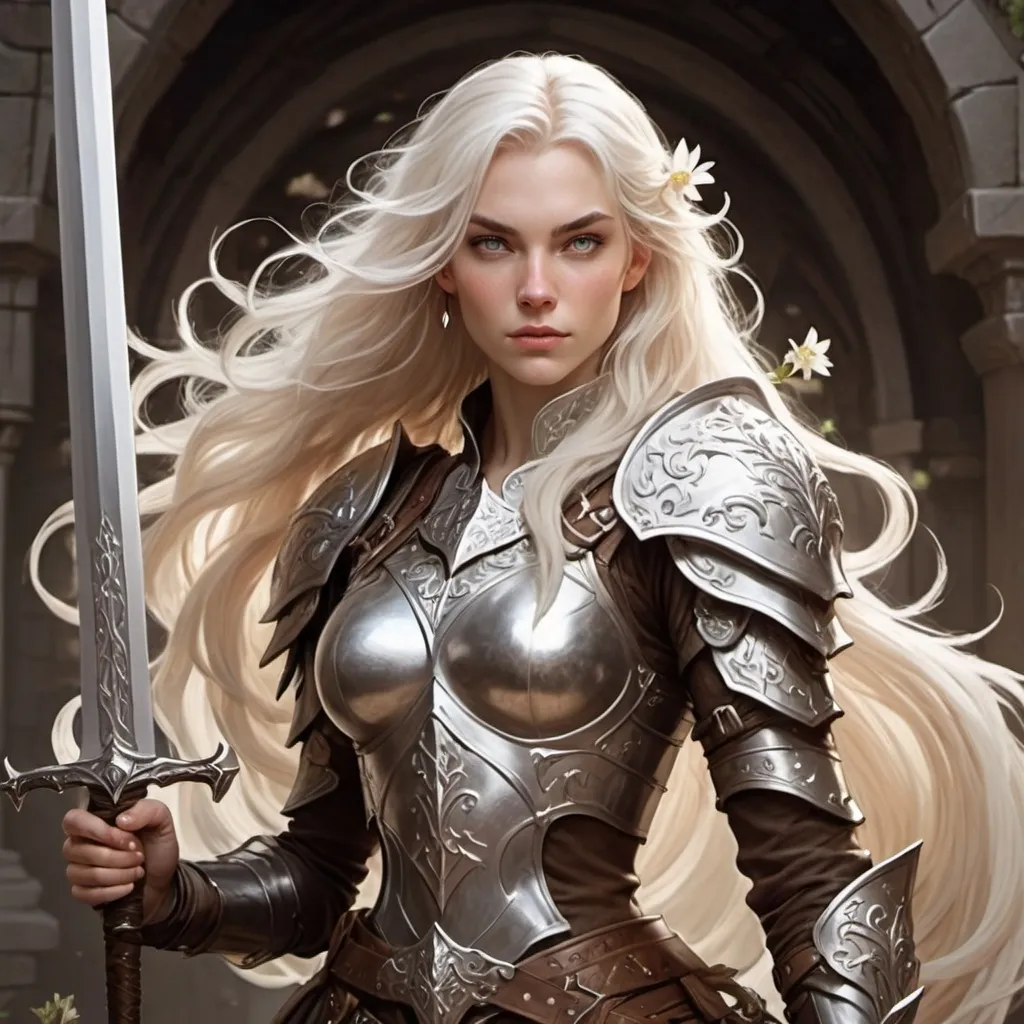 Prompt: A dungeons and dragons fighter. A tall human woman with long white blond hair with gorgeous waves. Her eyes brown color. Her armor is full bodied, its metal a shiny silver with a white engraving of swirls and delicate flowers. She carries a sword on her right hand, the tip of the sword rests on her shoulder. 