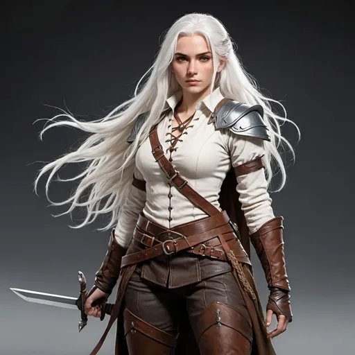 Prompt: Tall female human ranger. Long white hair and brown eyes. Her hair holds one loose braid the rest flowing free. Carries a sword. Leather armor and strips of fabric for her shirt. A low neckline