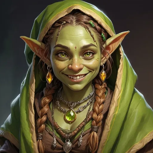 Prompt: Female goblin druid. She is plump. Chestnut hair in braids, and yellow amber eyes. Wrapped in blankets. One blanket covers the top of her head. She has lots of necklaces and earrings. She has bright green skin. She wears a leather pack.  A big smile on her face