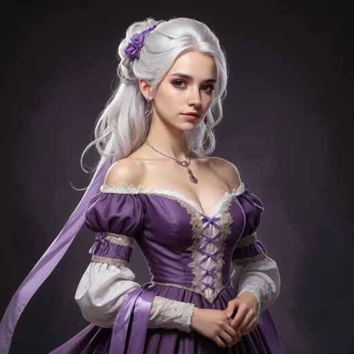 Prompt: White haired woman. Brown eyes. Her hair in a  half up half down style. She wears a purple and lilac dress. The dress has ribbons and lace. a wedding dress. Like a noble dark ages. Dungeons and dragons art style. Full body in frame
