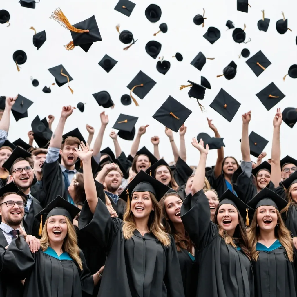 Prompt: A realistic image, not a drawing or illustration, of PhD students throwing hats into the air at the degree graduation ceremony