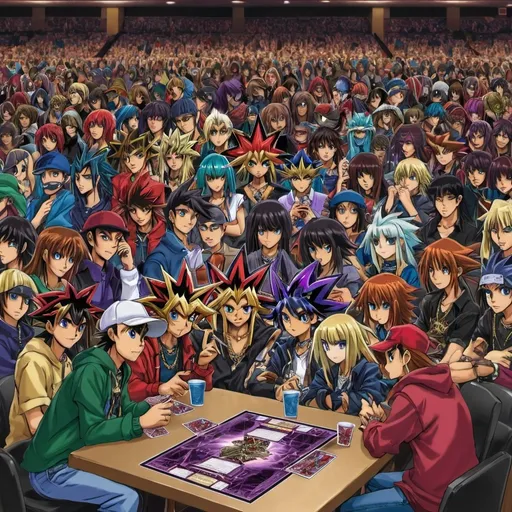 Prompt: Give me a picture of the audience at a Yu Gi Oh tournament. 