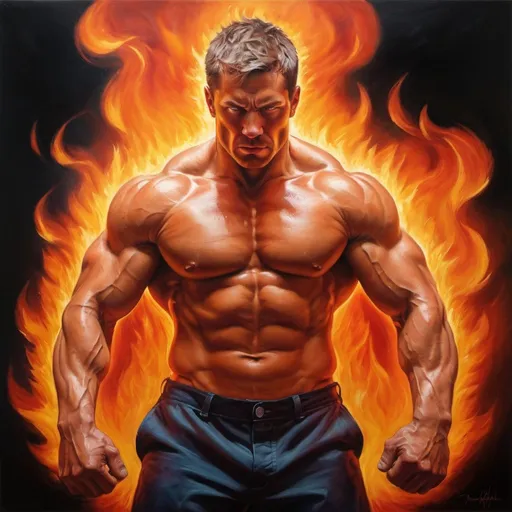 Prompt: Strong man engulfed in flames, realistic oil painting, intense flames, muscular physique, fiery atmosphere, high quality, intense realism, vibrant colors, dramatic lighting