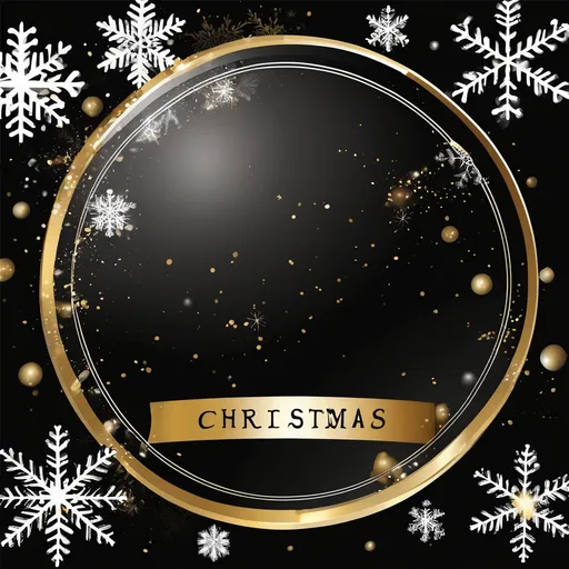 Prompt: 
create an elegant vector label featuring a gold colored Christmas bubble on a black background. white snowflakes around the bubbles
