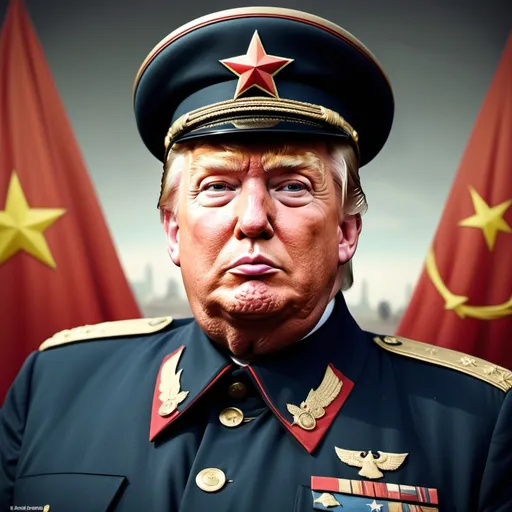 Prompt: create an image of Donald trump looking fat and old in a 
soviet era uniform