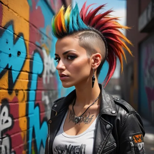 Prompt: (Sara Saffari with a mohawk), photorealistic, detailed facial features, expressive pose, vibrant colors, dramatic lighting, edgy atmosphere, high contrast, urban background with graffiti and street art, vivid and bold color tones, intense and modern environment, ultra-detailed, 4K, cinematic masterpiece quality