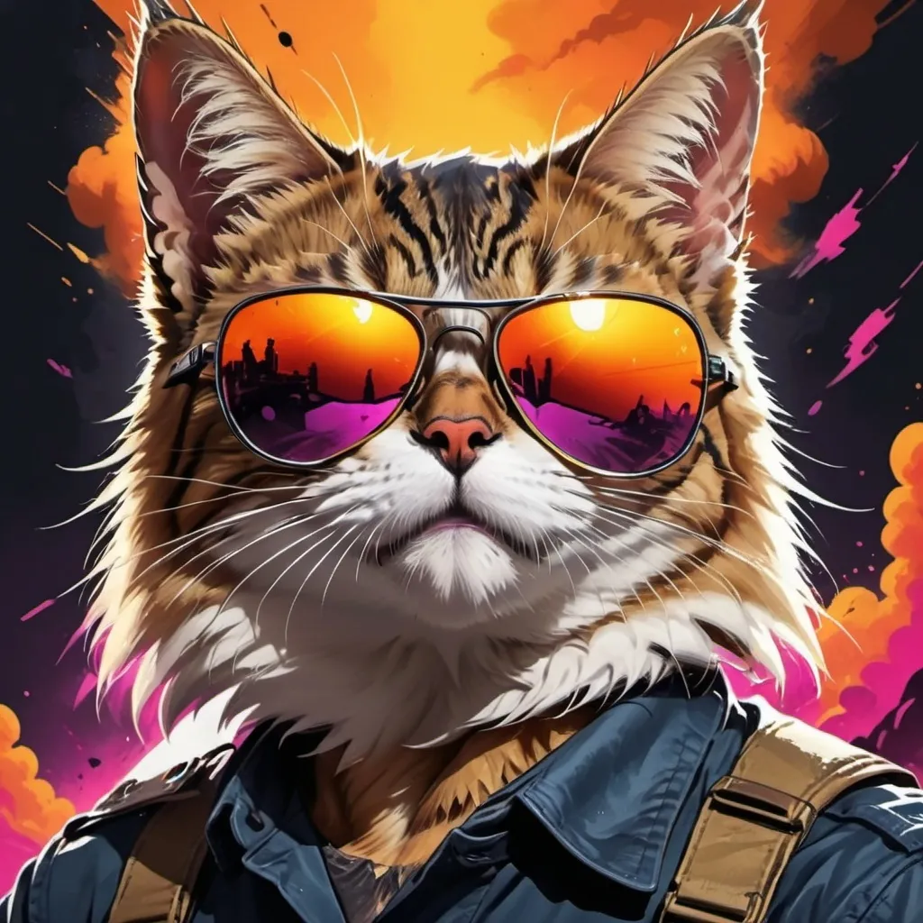 Prompt: (Spy Cat with Aviators), dynamic explosion in the background, high-intensity colors, dramatic lighting, action-packed atmosphere, vivid details capturing the cat's focused expression and stylish aviators, fur textures highlighted, gritty landscape reflecting impact, cinematic depth, ultra-detailed, 4K resolution, fierce and adventurous vibe.