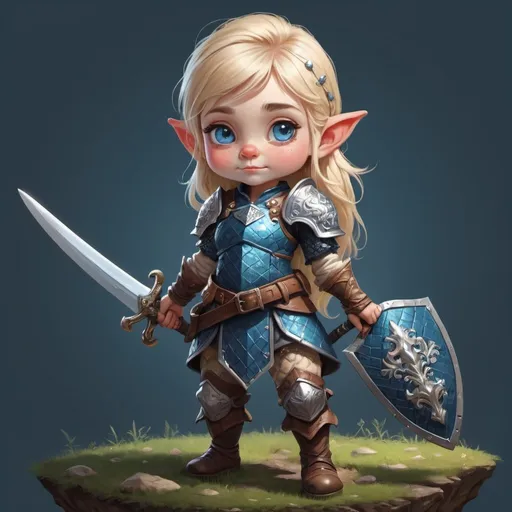Prompt: gnome,girl,full body,Portrait, cute, playful, and spunky Female, carrying long sword, wearing intricate embossed leather armor, blond hair, blue eyes, fantasy, intricate, elegant, highly detailed, digital painting, artstation, centred, rule of thirds, concept art, matte, sharp focus, illustration, no background