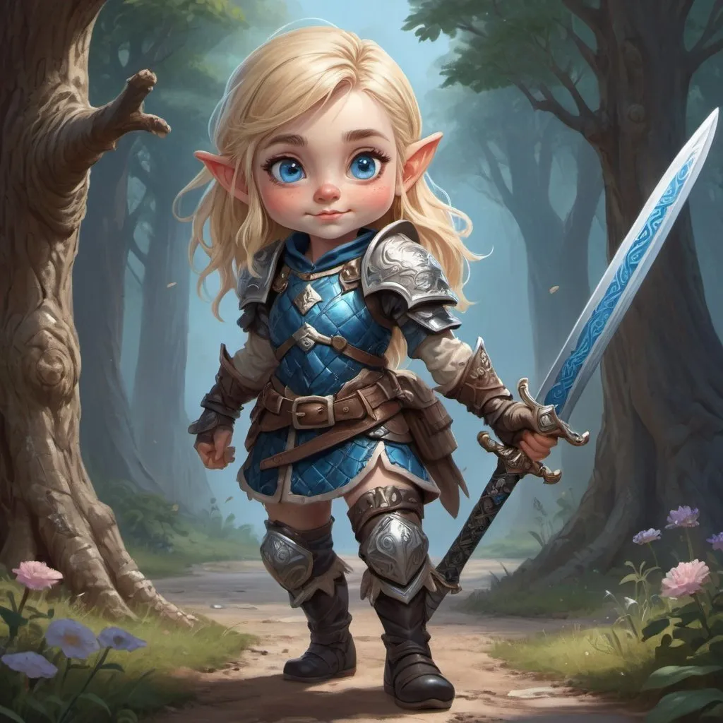 Prompt: gnome,girl,full body,Portrait, cute, playful, and spunky Female, carrying long sword, wearing intricate embossed leather armor, blond hair, blue eyes, fantasy, intricate, elegant, highly detailed, digital painting, artstation, centred, rule of thirds, concept art, matte, sharp focus, illustration, no background