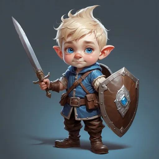 Prompt: gnome,boy,full body,Portrait, cute, playful,Leather aromr, carrying long sword and shield, blond hair, blue eyes, fantasy, intricate, elegant, highly detailed, digital painting, artstation, centred, rule of thirds, concept art, matte, sharp focus, illustration, no background