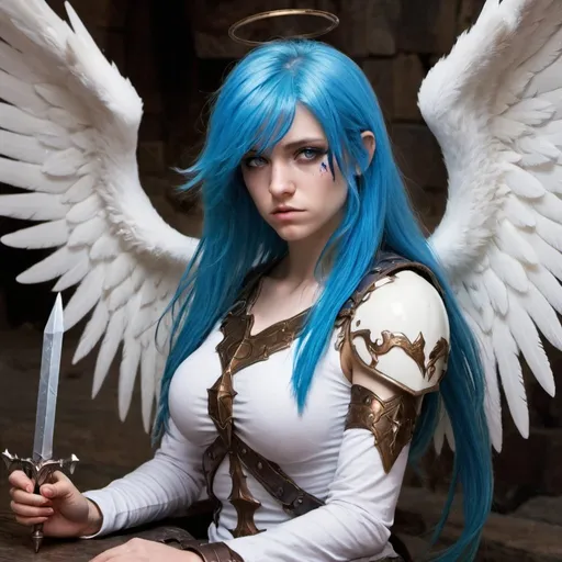 Prompt: Dungeons and Dragons, angel, blue hair, wounded