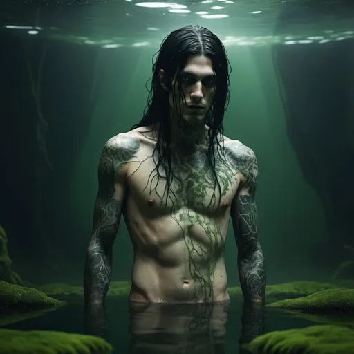 Prompt: Dirty water, waterpool, with undead male, very long black hair, tattoos, growing moss and kelp, can't move