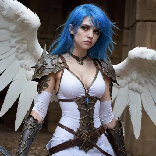 Prompt: Dungeons and Dragons, angel, blue hair, wounded