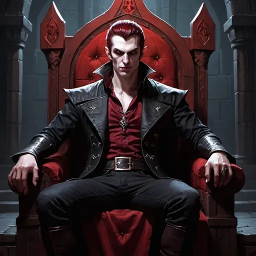 Prompt: Dungeons and Dragongs, vampire, male, dark red hair, royal, pointy ears, sitting on throne