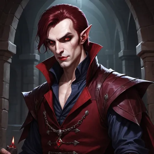 Prompt: Dungeons and Dragongs, vampire, male, dark red hair, royal, pointy ears