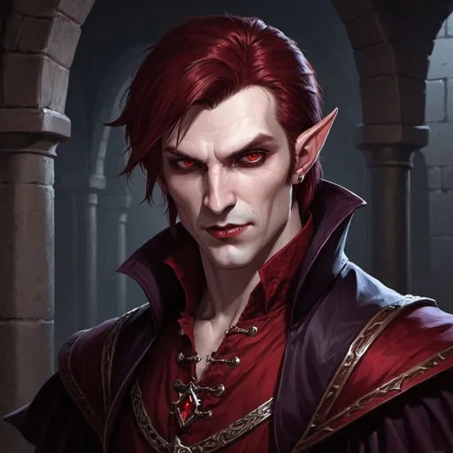 Prompt: Dungeons and Dragongs, vampire, male,dark red hair, royal, pointy ears