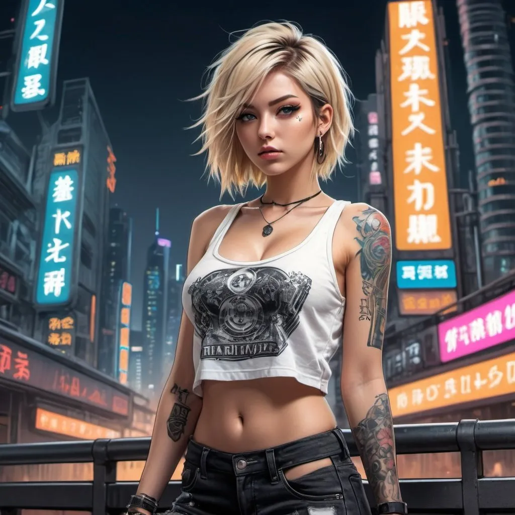 Prompt: Pencil-drawn anime illustration Beautiful Blonde highlights unique fade hairdo female showing full cleavage wearing a white tank crop top, ripped black jeans combat boots and tattoos detailed, 8k, high resolution, futuristic buildings, neon city lights, Japanese signs flashing