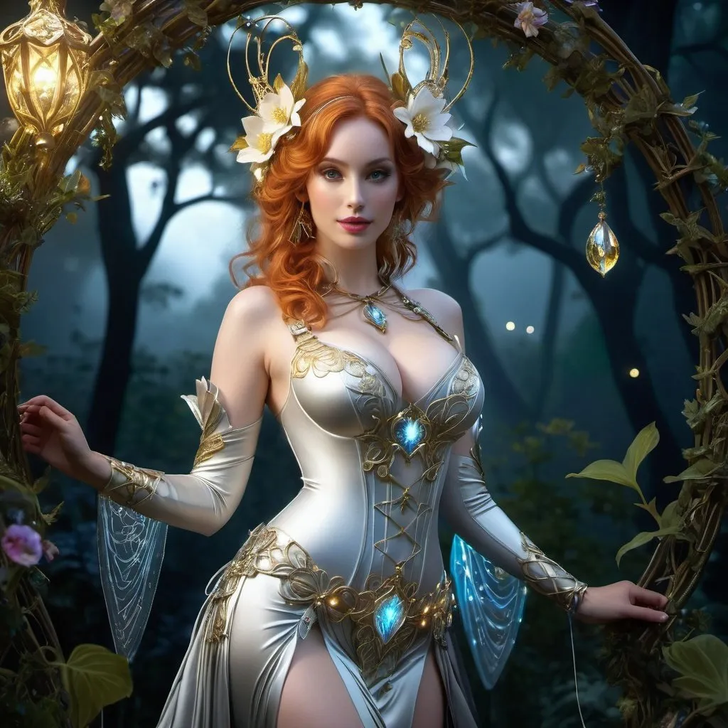 Prompt: Chiaroscuro, Christina Hendricks, full-body painting of a beautiful pale-skinned night elf girl ((((no cloths)))), style of Fragonard and Yoshitaka Amano (light hair with flowers, messy), ropes, ((forest background)), bioluminescent, (wearing intricate clothes) silver gothic armor with golden filigree details and ornamental pauldrons, vines, delicate, soft, fireflies, spiders, spider webs, webs, silk, threads, ethereal, luminous, glowing, dark contrast, celestial, ribbons, trails of light, 3D lighting, soft light, vaporware, volumetric lighting, occlusion, Unreal Engine 5 128K UHD Octane, fractal, pi, fBm, mandelbrot