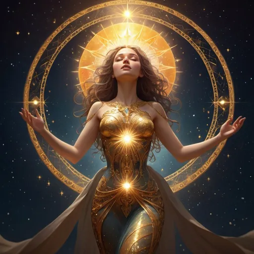 Prompt: Radiant Sunlight Gold hour-glass shaped female full body detailed, Ethereal celestial beings, angelic female figure in a vibrant realm, twilight ambiance, mystical whispers, soaring above earthly realm, emotional connection portrayed, beauty within sorrow, unnamed star constellations, intense and surreal colors, intricate and detailed design, emotional depth through symbolic elements, digital artwork, glowing light sources, soft warm lighting, conveying hope and presence, ArtStation.