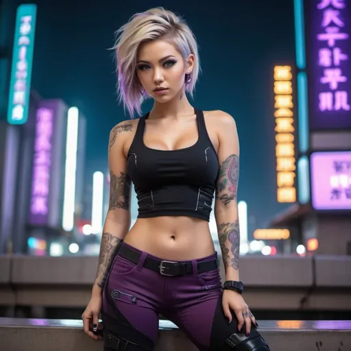 Prompt: Beautiful Blonde purple highlights unique hairdo female showing full cleavage wearing a black tank crop top, leggings combat boots and tattoos detailed, 8k, high resolution, futuristic buildings, neon city lights, Japanese signs flashing