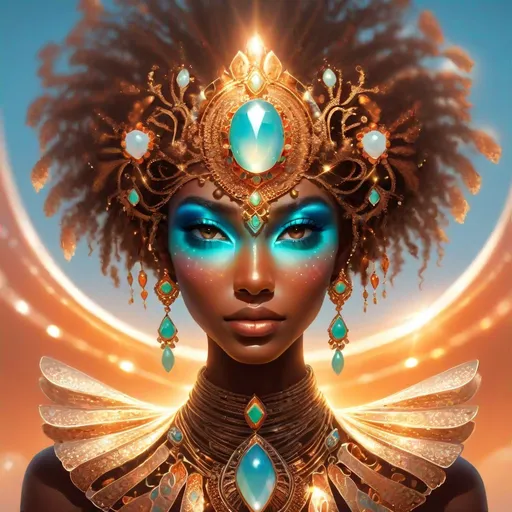 Prompt: Beautiful light brown skin woman ethereal light being in the form of a human is wearing the chalcedony jewel, vibrant, bold