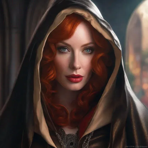 Prompt: Christina Hendricks Beautiful fantasy 
seducer, goth, (crop top:1.5), black leather clothed, ginger hair, pale skin, hooded red cloak, full body, highly detailed, digital painting, art station, hyper realistic, sharp focus, illustration, art by art germ and Greg Rutkowski and Alphonso Mocha, 8k, pretty eyes, award-winning CGI, blender, headshot